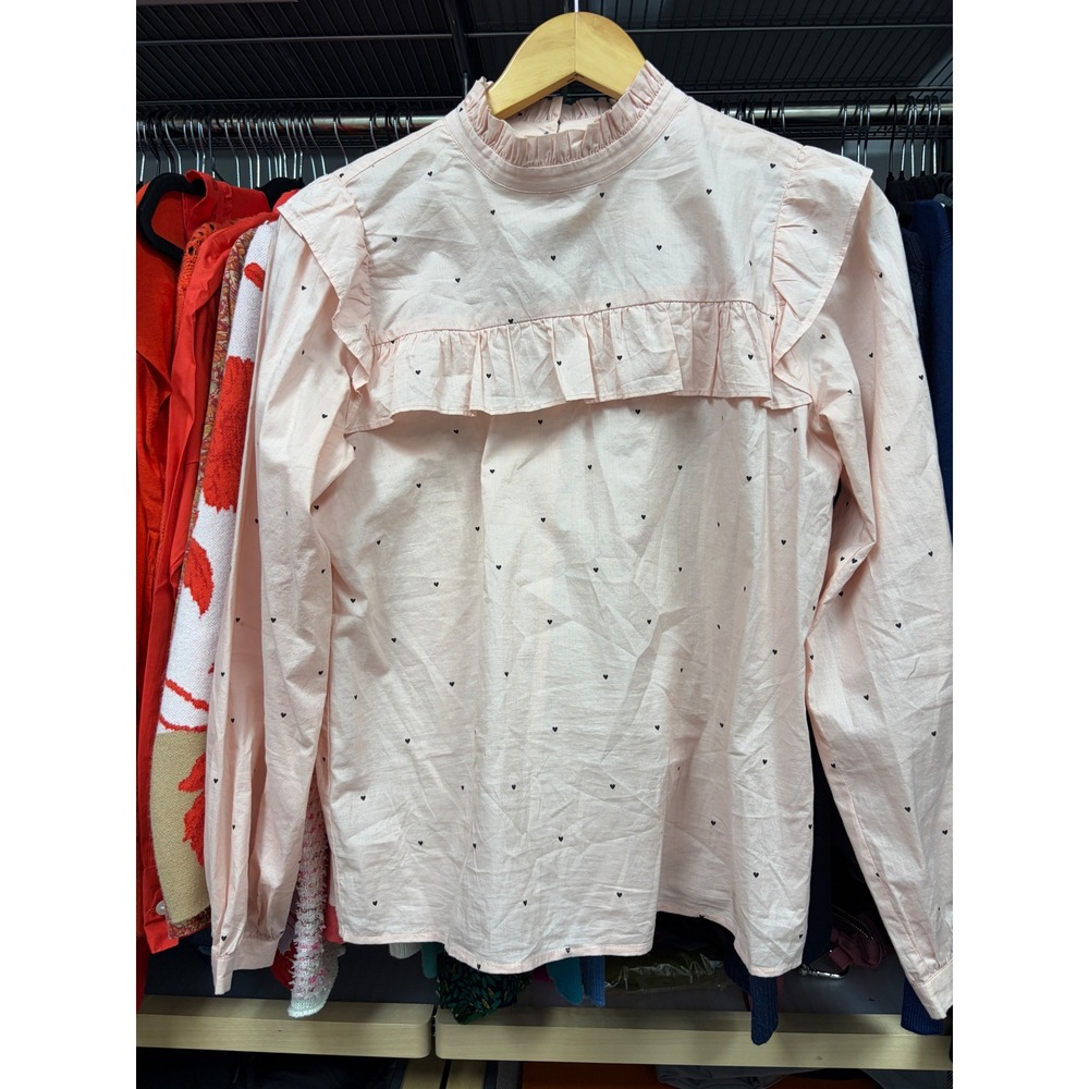 Loft Outlet Pink Heart Print Ruffle Mock Neck Long Sleeve Cotton Blouse XS